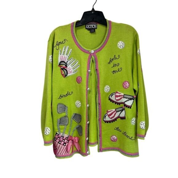 Berek Golf Sweater Cardigan Green Pink Beaded Embroidered Women’s L - Picture 1 of 11